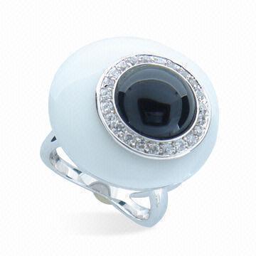 Latest Design Ring with White Agate, Black Onyx and White Czech in Rhodium Plating
