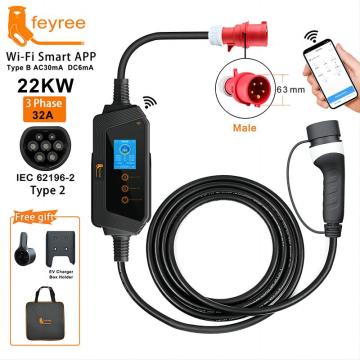 Portable EV Charger, Feyree GBT Plug, 22KW 32A 3Phase, Justerable Current, Wi-Fi Smart App Control