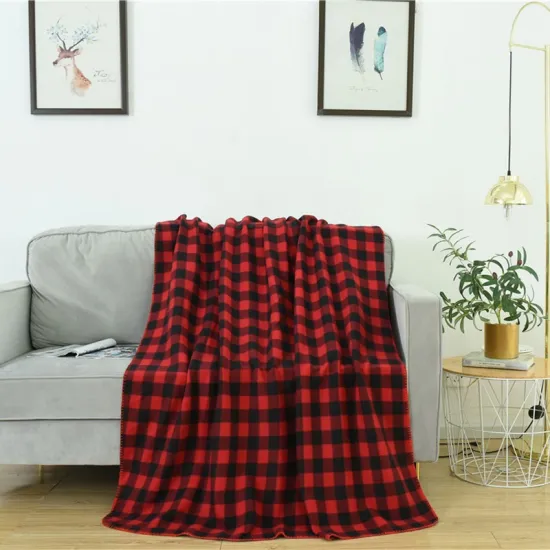 High Quality Super Cozy Plaid Red Black Fleece Throw Blanket ,hat,scarf