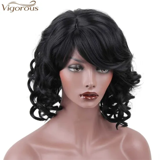 Vigorous Synthetic Curly Wave Wig Heat Resistant Natural Black Bob Style Wig with Inclined Bangs for Women Daily Party