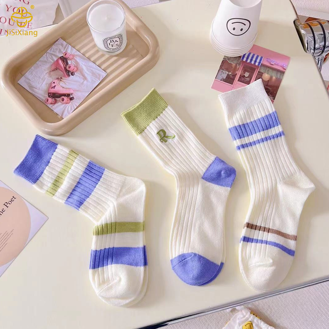 Korean version letter embroidery mid tube socks striped sock