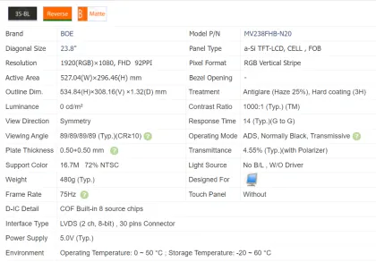 BOE MV238FHB-N20 1K 75Hz FHD 1920x1080 IPS LCD Panel