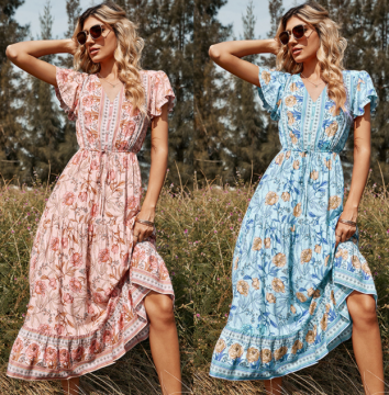 Women Ruffle Printed Casual Dress
