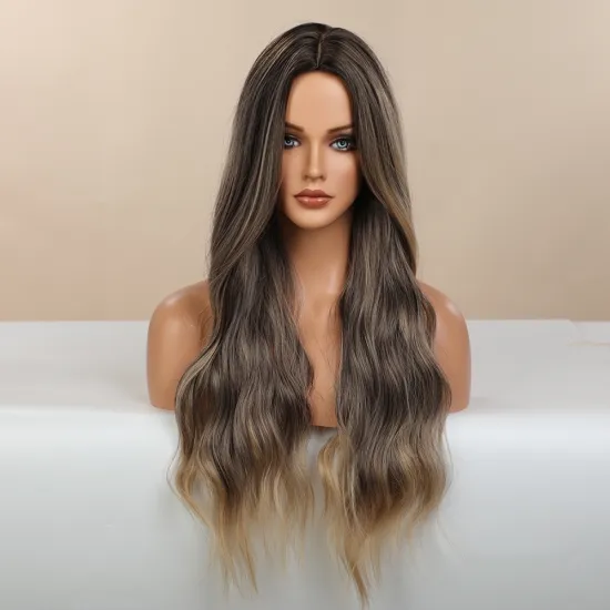 FZY  Anogol Synthetic Wig Ombre Blonde Brown Long Wigs Middle Part Hair Wig Daily Natural Wavy Heat Resistant Fiber for Women