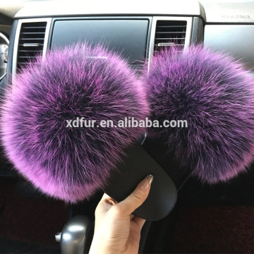 Factory Wholesale Indoor Fashion Real Fox Fur Slides Slippers Women