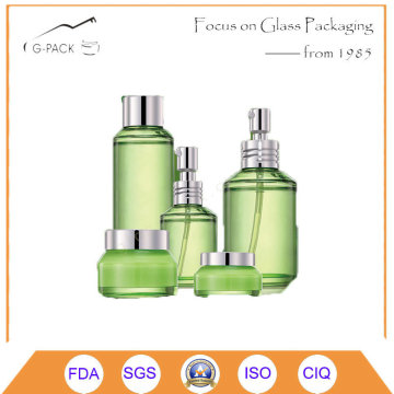 Green Glass Cosmetic Jars and Perfume Bottle with Black Cap