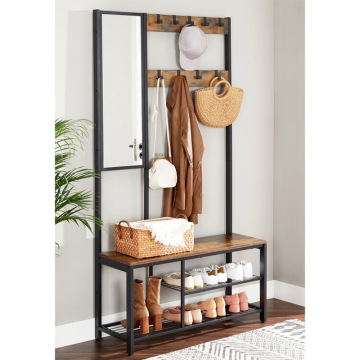 Industrial Shoes Bench with Wooden Coat Rack and Hook