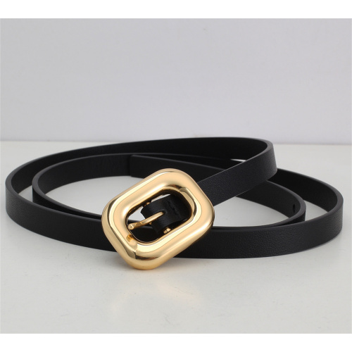 Gold Silver Large Buckle Genuine Leather Slim Belt