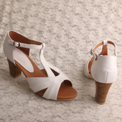 Handmade Leather Sandals White with Block Heel