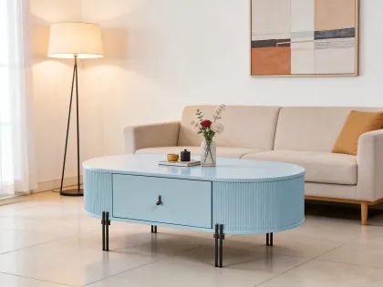 Stylish Blue Oval Coffee Table with Smart Storage
