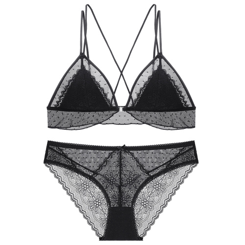 Op voorraad dames bralette met ruches en transparante kanten panty