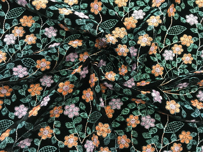 Multicolor Flower Velvet Embroidery Fabric