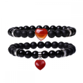 Edelsteen ronde kralen met hart bedelarmbanden zwarte matte onyx stenen stretch armband natuursteen kristalbangle 2pc