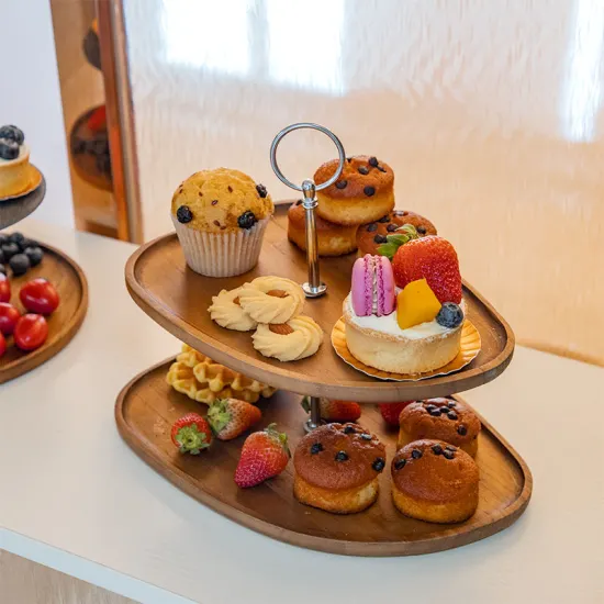 Acacia Wood 2-Tier Cake Stand and Dessert Tray for Weddings, Birthdays, and Kitchen Counter Decor