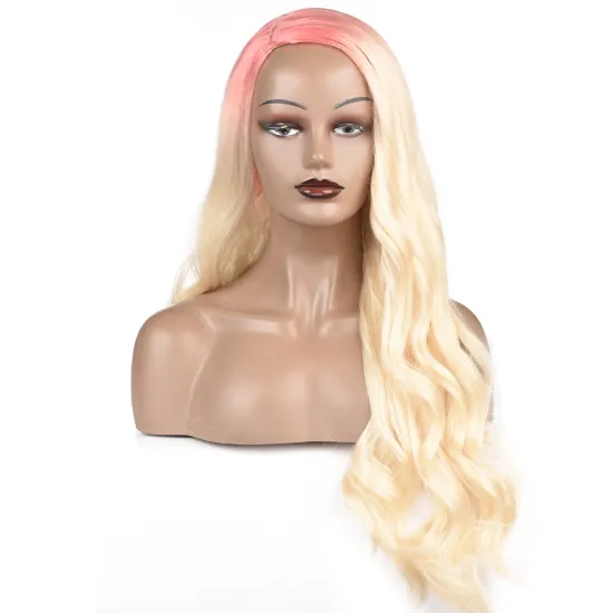 Realistic Looking Long Natural Body Wave Synthetic Wig Ombre Pink Purple On The Head Gold The End Cosplay Heat Resistant Wigs