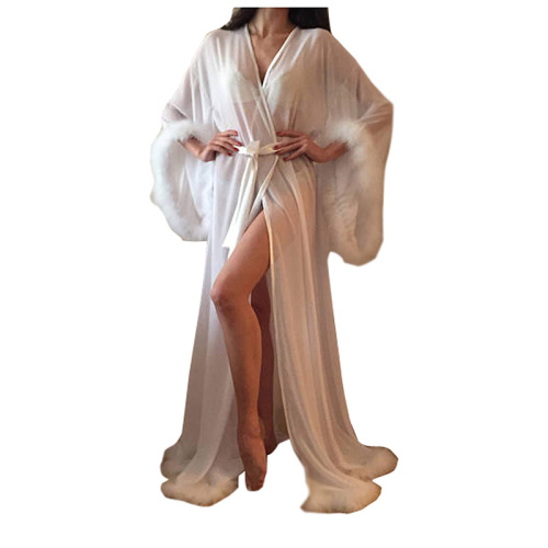 Women Sexy Feathers Collar Perspective Long Lingerie Robe