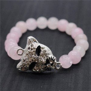 Bracelet de pierres précieuses extensibles avec perles rondes de quartz rose 8MM avec pièce de tête de léopard en alliage Diamante