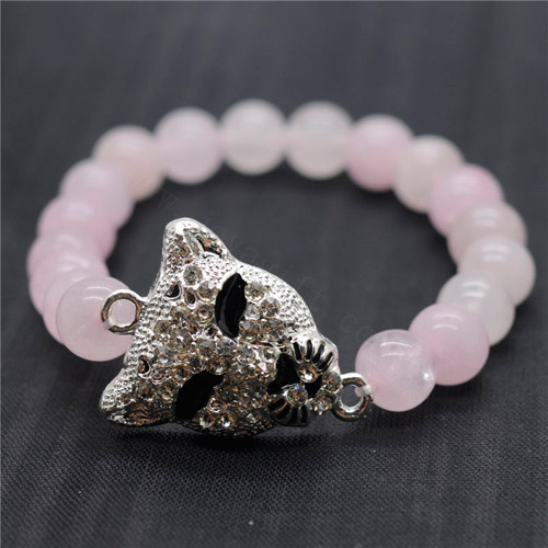 Rose Quartz 8MM Round Beads Stretch Gemstone Bracelet with Diamante alloy leopard head Piece