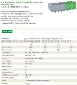 2 or 4 Conductor Centre Terminal Block with Snap-in mounting feet