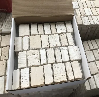 Scarpa Wide Jointed Beige Travertine Stone Mosaic Tiles for Indoor Floor