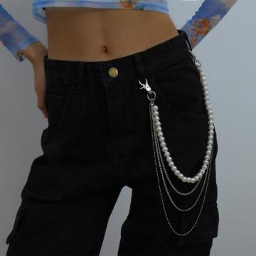 KMVEXO Hiphop Punk Street Jeans Trouser Keychain For Women Girls Multilayer Crystal Pearls Belt Chain Keychain Jewelry Nice Gift