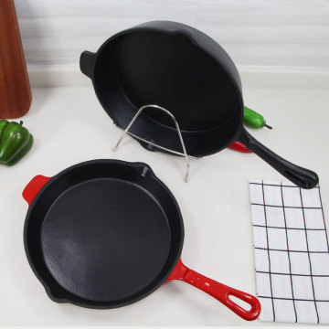Factory Direct Enamel Coated Red and Black Cast Iron Frypan Cookware for Sale