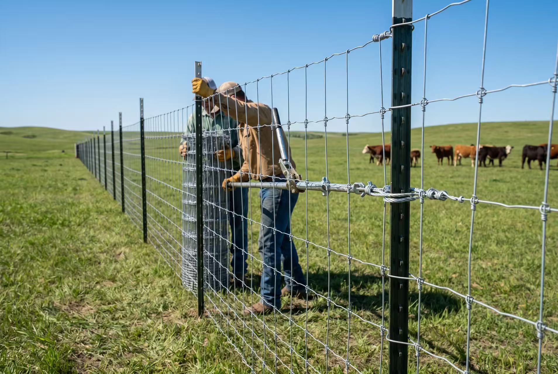 Field fence installation on cattle ranch showing workers stretching galvanized woven wire between steel posts