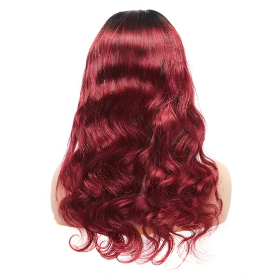 Brazilian Short Wavy 1B 99J Burgundy Ombre Color Body Wave Human Hair Lace Front Wig