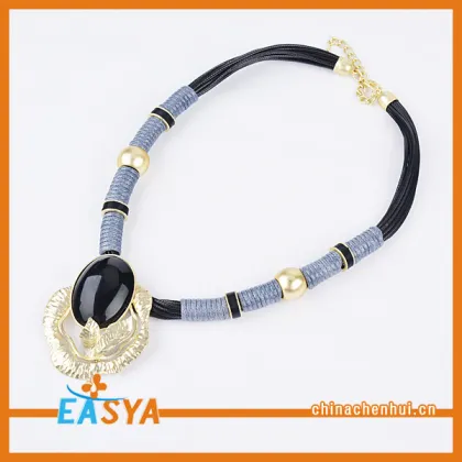 Gold Pendant Bead Chain Necklace Black Stone Necklace