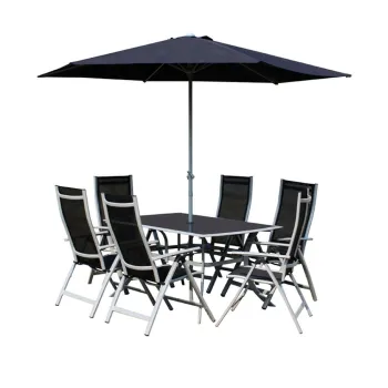 Complete Outdoor Dining Package: 7-Piece Folding Patio Set with Table, 4 Chairs, Umbrella, and Built-In Base