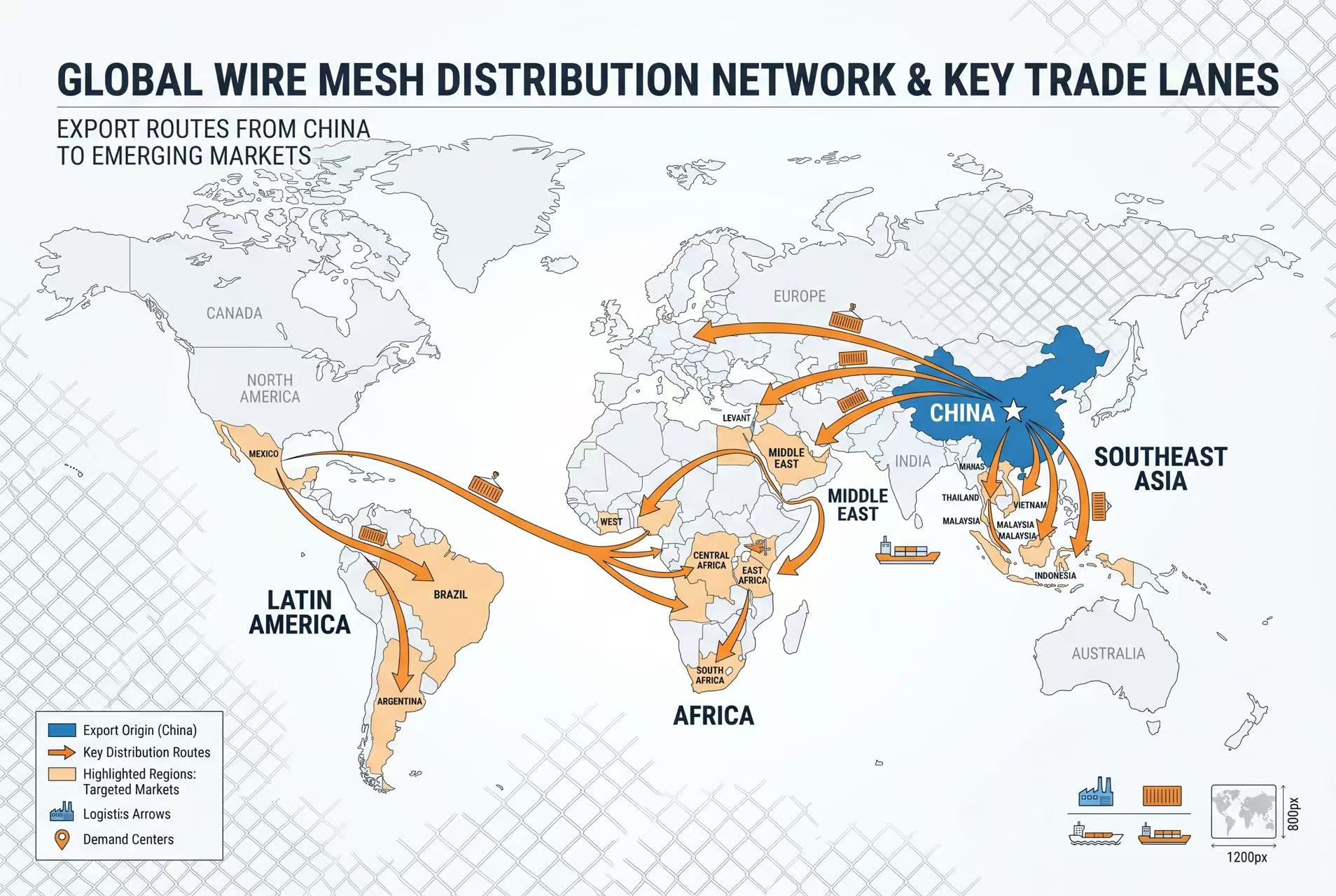 ANJIA Group global wire mesh OEM distribution map showing trade routes to Africa Middle East Latin America and Southeast Asia