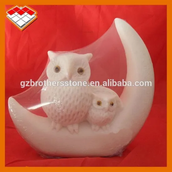 Small mother and children white stone owl sculpture