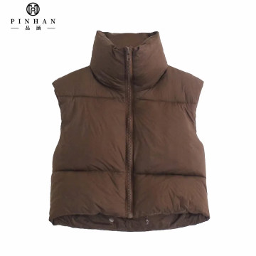 Custom Wholesale Women's Matte Nylon High Collar Zip-Up Cropped Puffer Vest
