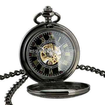 Men Black Antique Skeleton Modern Pocket Watch Mechanical Pocket Watch WP132
