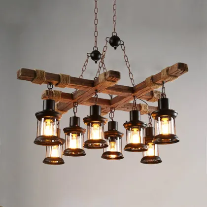 American Vintage Bar Cafe Restaurant Decor: Wooden Chandeliers & Pendant Lights