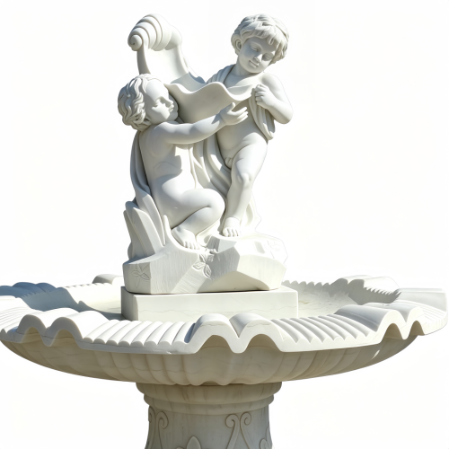 Classic White Stone Garden Fountain with Dual Cherubs