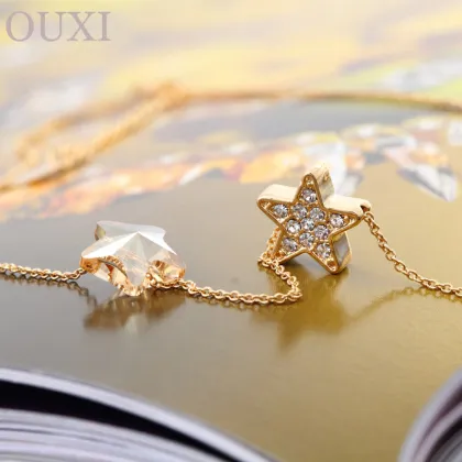 2016 OUXI Best Selling Women Gold Jewelry Gold Crystal Double Star Necklace