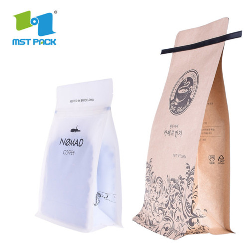 Пластмасова торбичка за кафе на зърна плоска долна квадратна опаковка с клапан