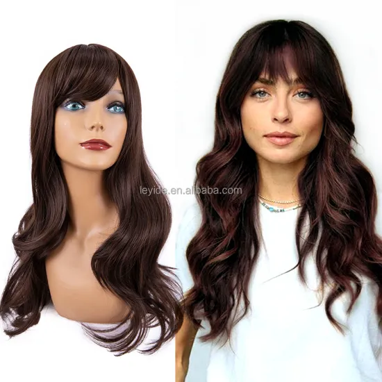 AliLeader New Wholesale High Quality Synthetic Fiber Long Curl Natural Wave Ombre Brown None Lace Glueless Full Wig For Women