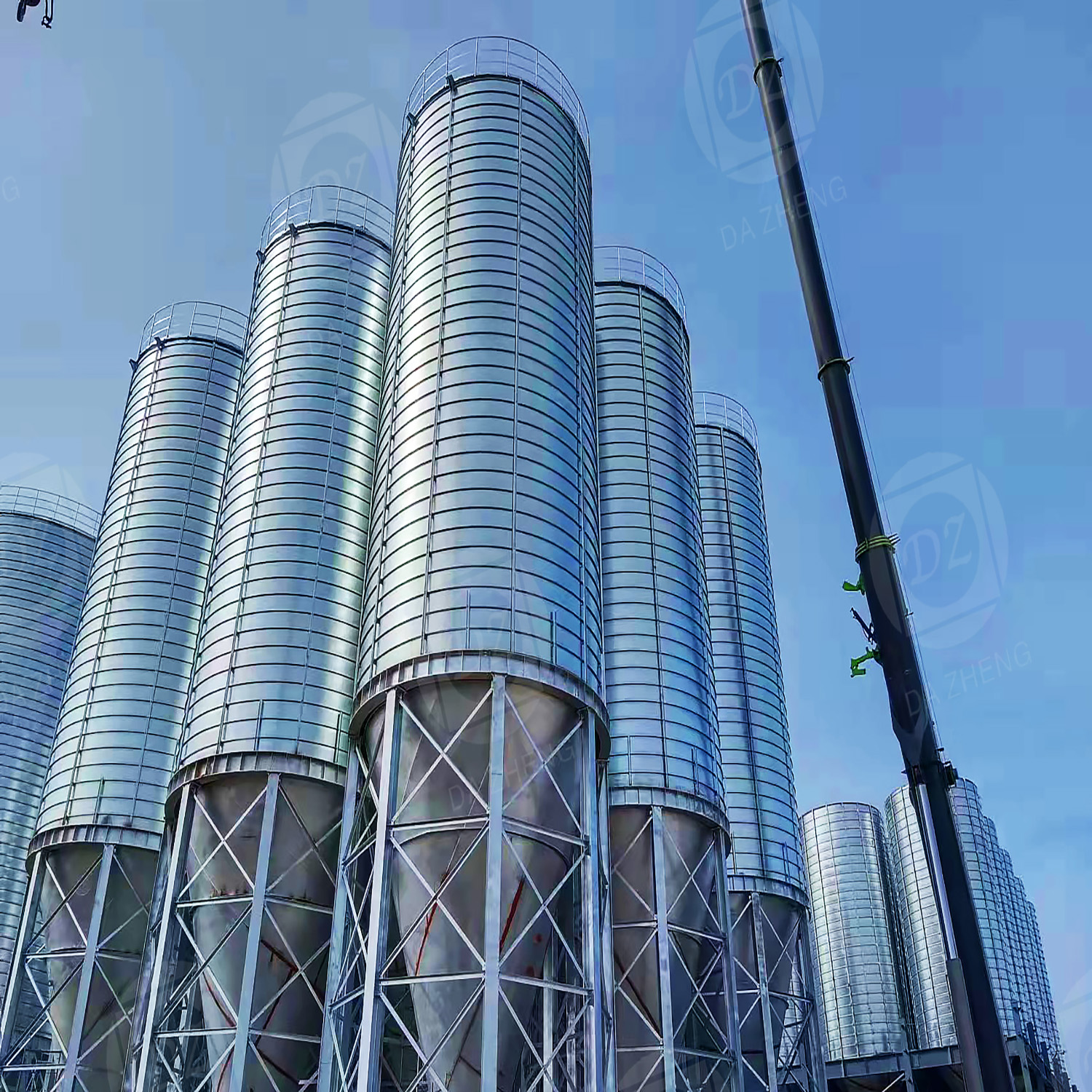 Galvanized steel silos for storing wheat