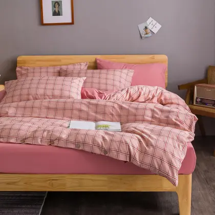 Japan Style Pink Grid Quilt Cover Bedding Set