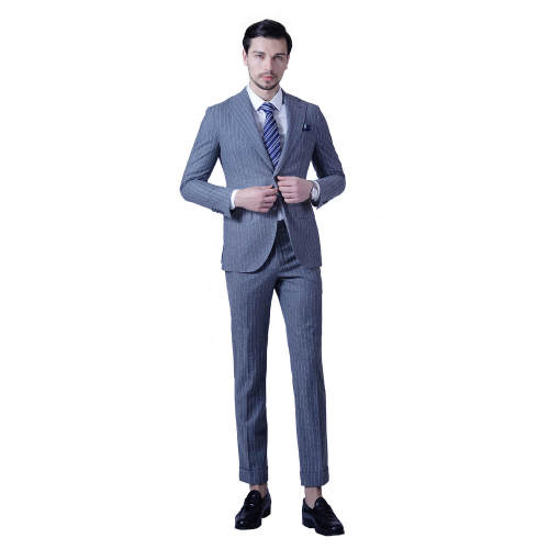 Custom Slim Fit Full Canvas Gray Striped Suit