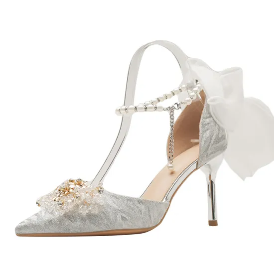 Large Size 43 High Heel Wedding Shoes: High Quality Handmade Sandals with Pearl Bowknots, Bridal and Bridesmaid Shoes featuring Hollow Out Design