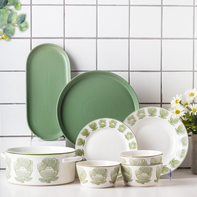 Green Alice Dinnerware Set Ceramic kitchen & tabletop Porcelain Dinner Set Stoneware Tableware European Style