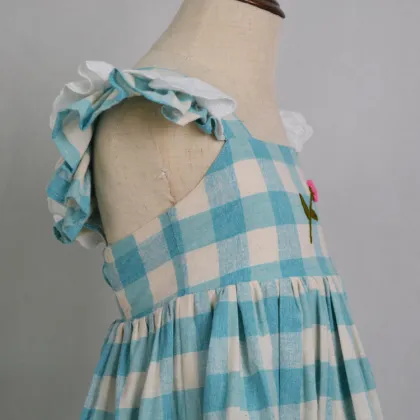 Boutique Girls Cotton Linen Checked Skirt Girl Dress