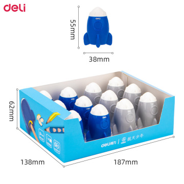 Deli 68666 Alat Tulis: 12pcs Cartoon Rocket Pensil Penajam dan Pemotong Seni - Aksesoris Meja Sekolah Anak -Anak Lucu (Kualitas Tinggi)