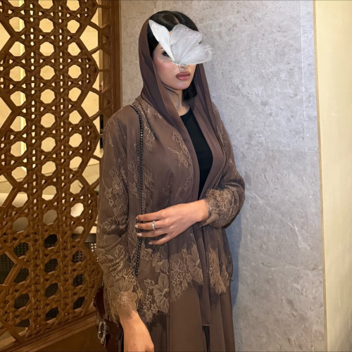 عبای زنانه ژاکت کش باف پشمی باز توری قهوه ای