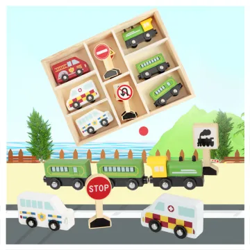 Wooden Toddler Early Learning Car Toys: 9pcs Transportation & Street Sign Play Set