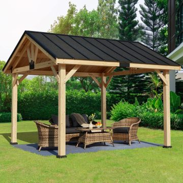 Sunjoy Wood Gazebo Pergola 13x15 ft. Cedar Frame with Matte Black Steel Gable Hardtop Roof