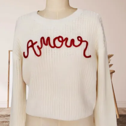 Soft Ivory Knitted Sweater with Beaded Embroidery